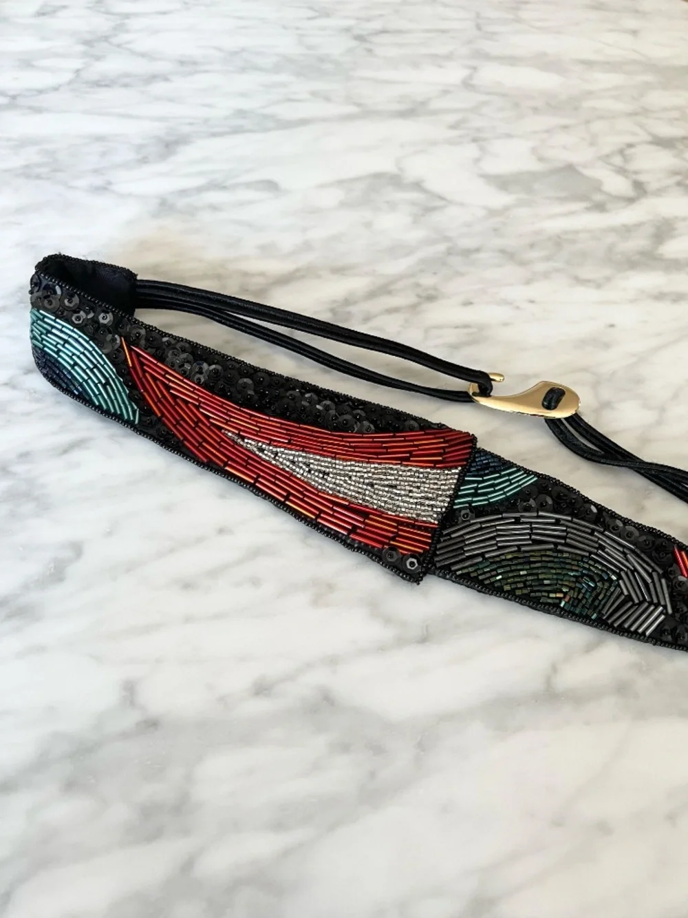 Vintage MILOR Handmade Beaded Elastic Belt Art Deco Geometric Statement